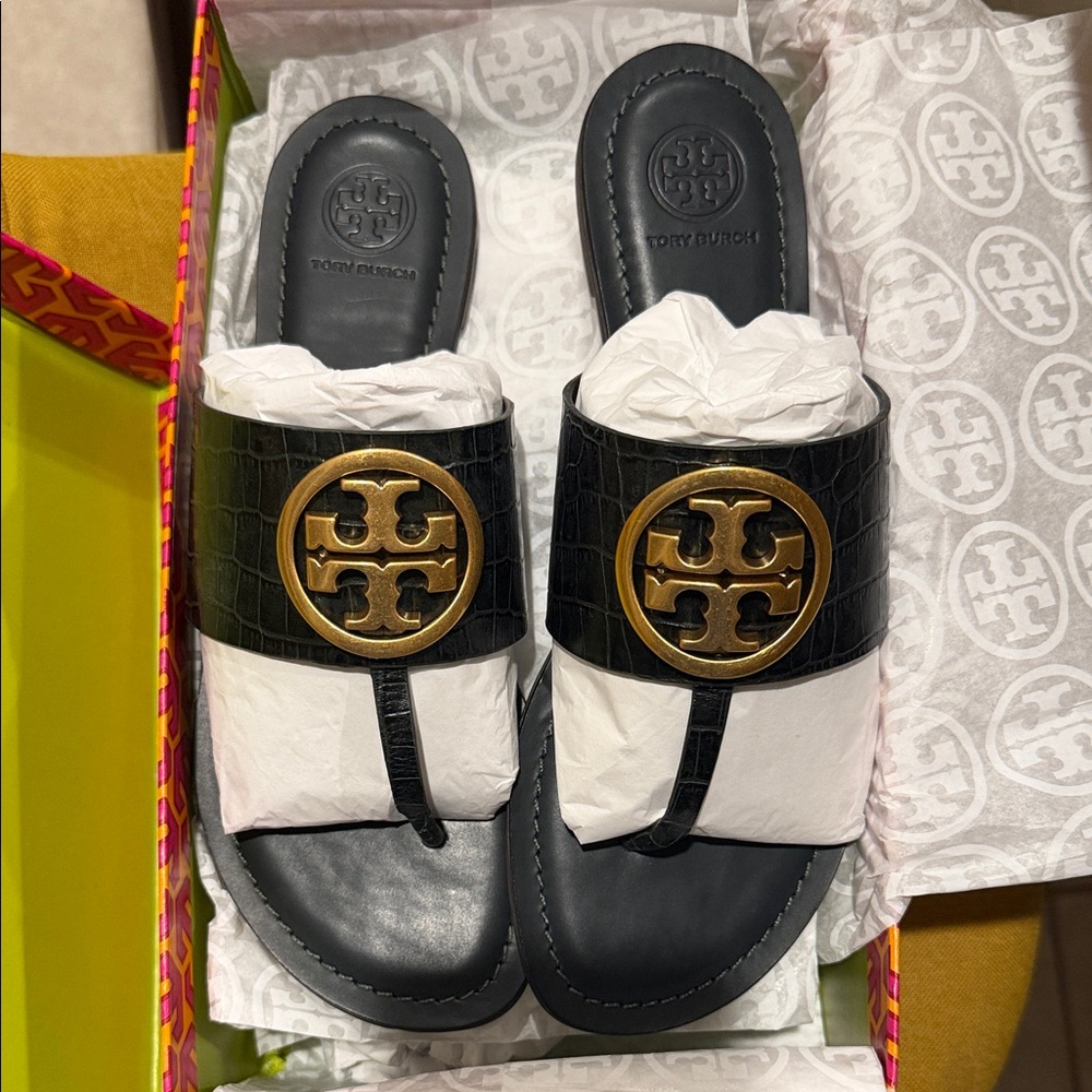 Tory Burch deep kelp color Slides with Gold Emblem